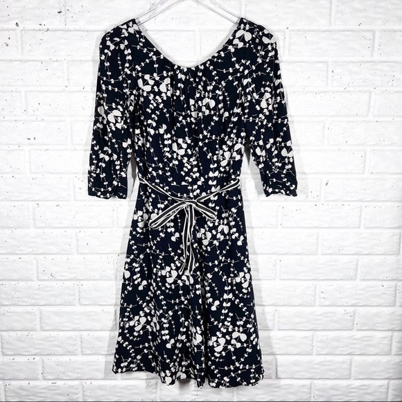 BODEN Black & White Floral Midi Dress with ribbon belt Size 2 - Picture 4 of 12